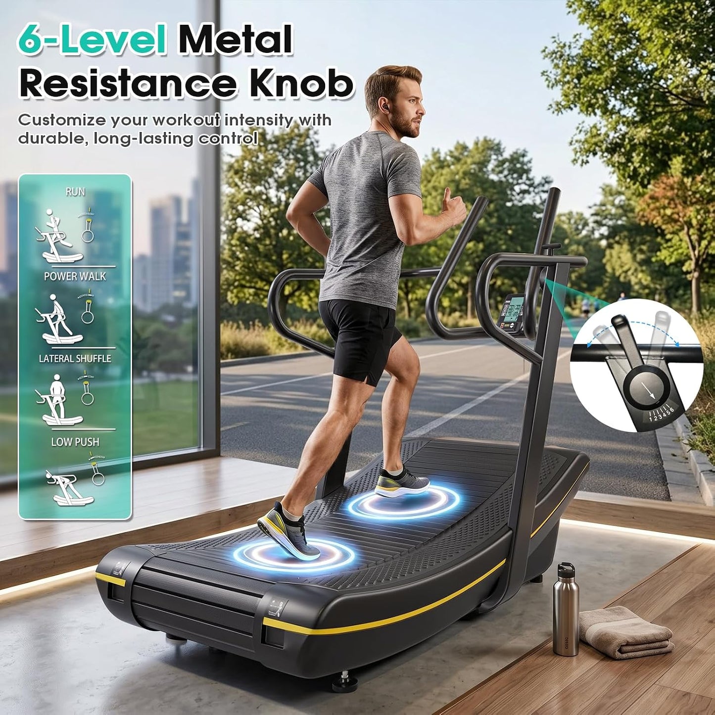 Curved Manual Treadmill, 6 Resistance Levels Non-Electric Curved Treadmill with LCD Display, Commercial-Grade Motorless Treadmills for for Home & Gym, Cardio & Anaerobic Training, Load 450Lbs