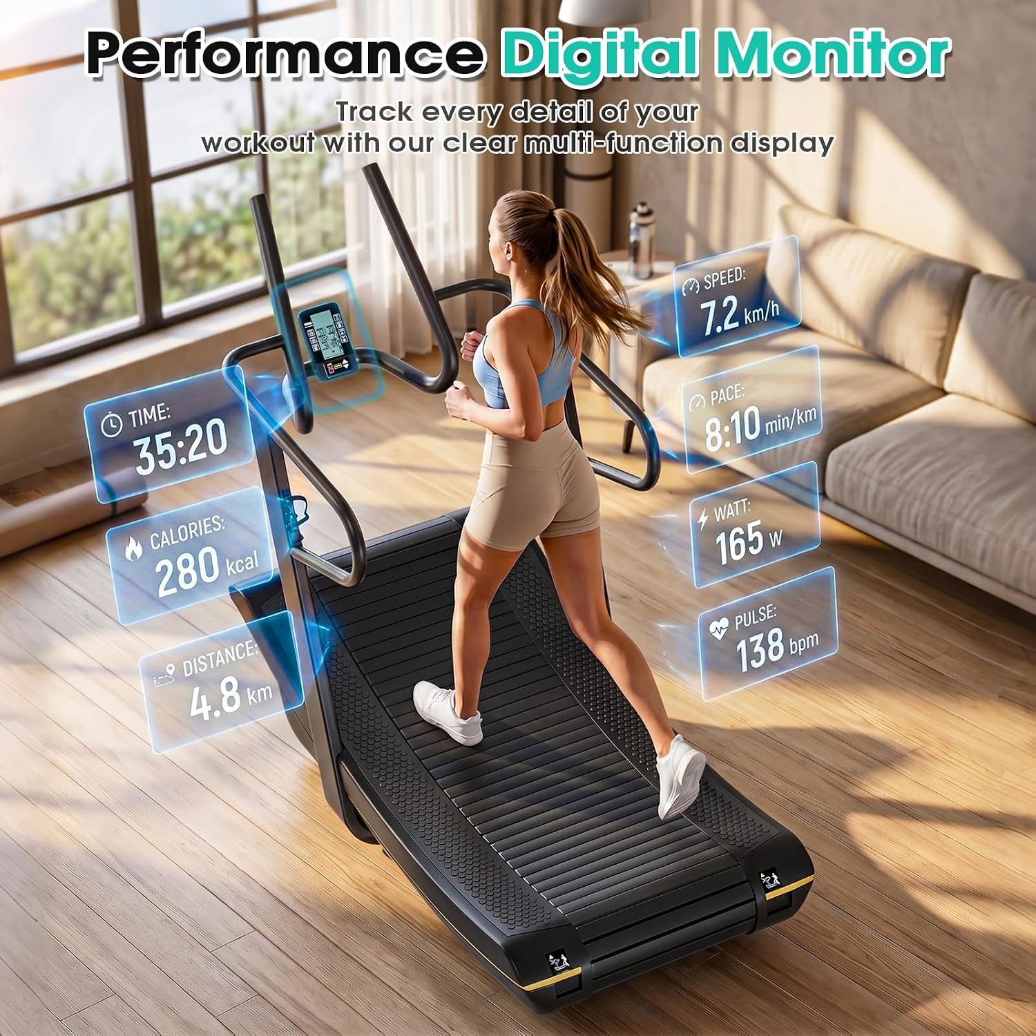 Curved Manual Treadmill, 6 Resistance Levels Non-Electric Curved Treadmill with LCD Display, Commercial-Grade Motorless Treadmills for for Home & Gym, Cardio & Anaerobic Training, Load 450Lbs
