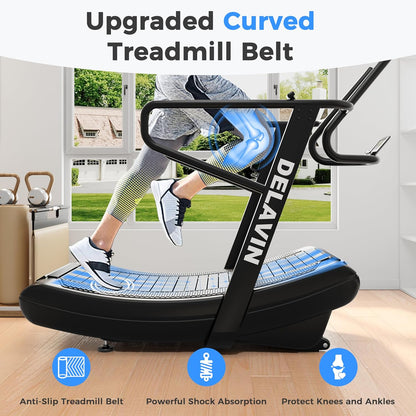 Sturdy Curved Manual Treadmill, Non Electric Motorized Treadmill | 4 Resistance Levels, Display Speed, Time, Distance, Calories, Easy Install, 440LBS Capacity, for Home/Gym/Hotel/Rehab (FBA)
