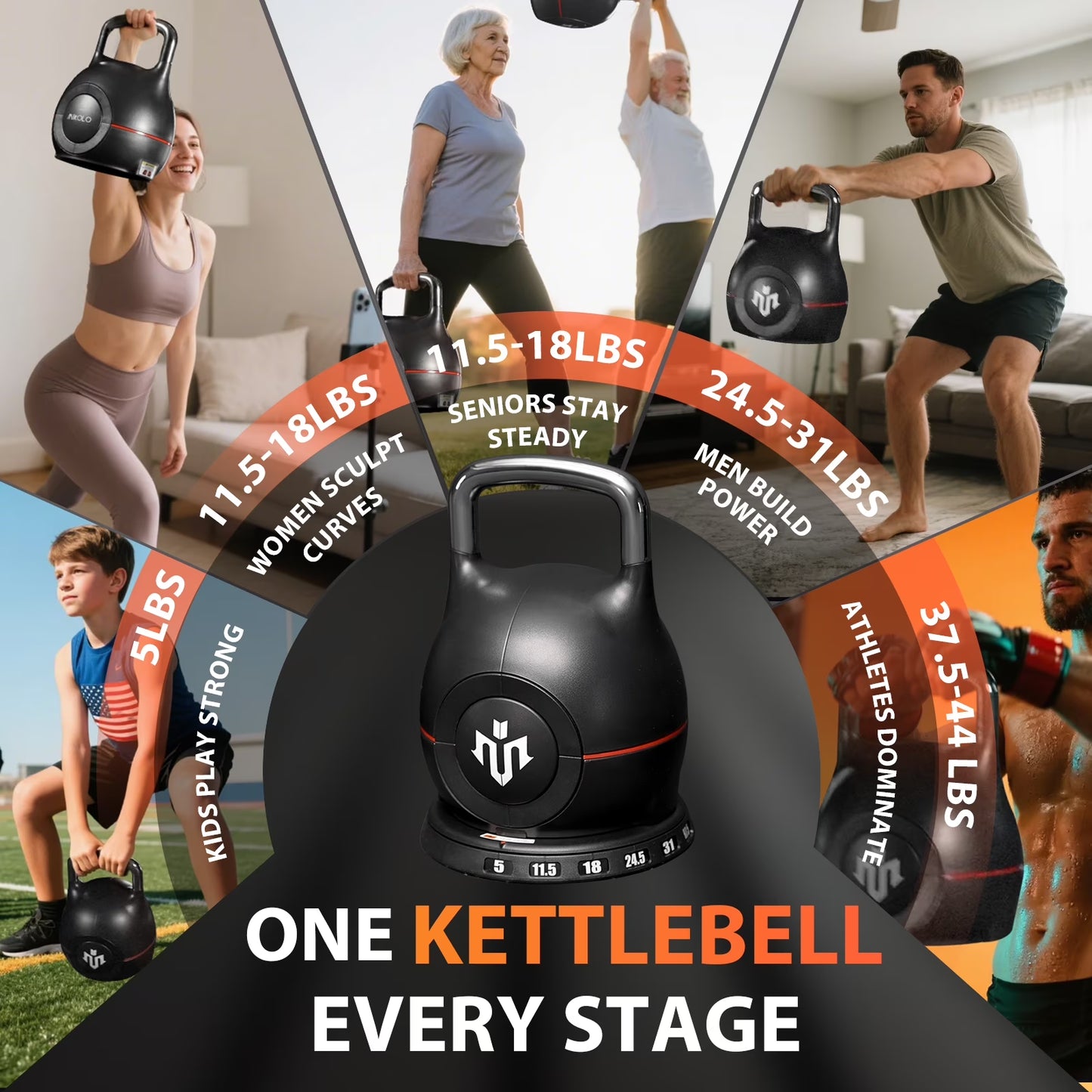Adjustable Kettlebell Weight Set-Quickly Adjusts 7 Weights,Ergonomic Kettlebell Sets for Home Gym 5-44 LBS