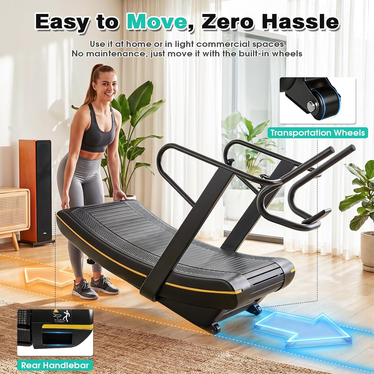Curved Manual Treadmill, 6 Resistance Levels Non-Electric Curved Treadmill with LCD Display, Commercial-Grade Motorless Treadmills for for Home & Gym, Cardio & Anaerobic Training, Load 450Lbs