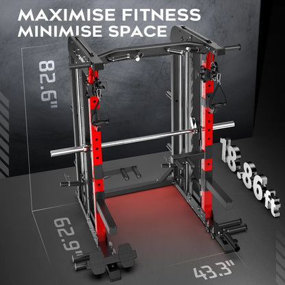 2000LB Smith Machine & Dual Pulley Home Gym - Squat Rack, Lat Pulldown, Cable Crossover - Includes Workout Attachments