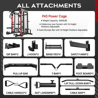 2000LB Smith Machine & Dual Pulley Home Gym - Squat Rack, Lat Pulldown, Cable Crossover - Includes Workout Attachments