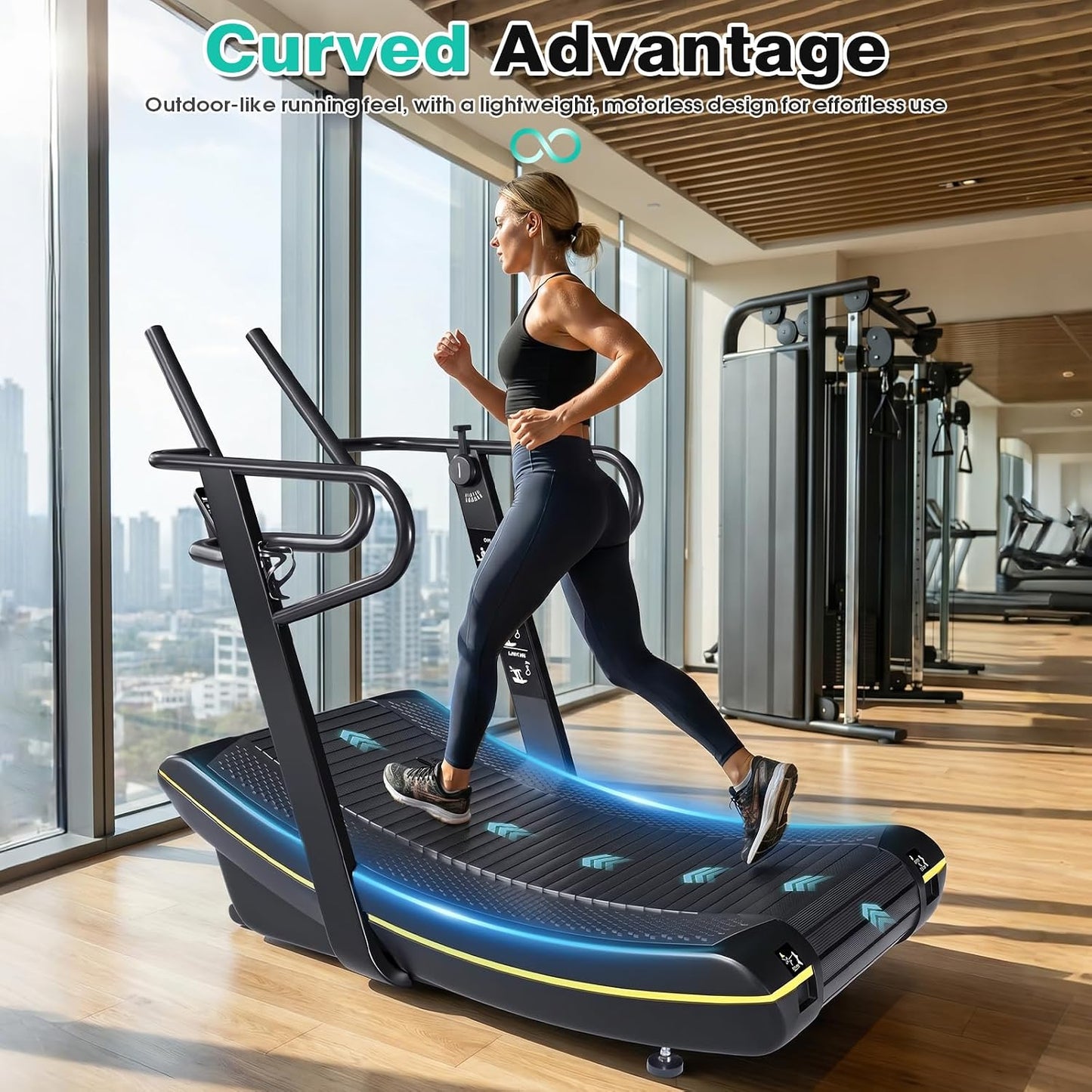 Curved Manual Treadmill, 6 Resistance Levels Non-Electric Curved Treadmill with LCD Display, Commercial-Grade Motorless Treadmills for for Home & Gym, Cardio & Anaerobic Training, Load 450Lbs