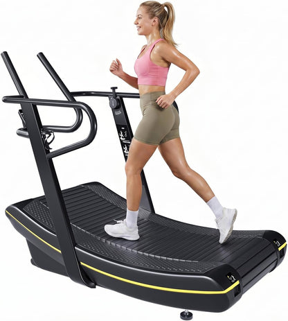 Curved Manual Treadmill, 6 Resistance Levels Non-Electric Curved Treadmill with LCD Display, Commercial-Grade Motorless Treadmills for for Home & Gym, Cardio & Anaerobic Training, Load 450Lbs