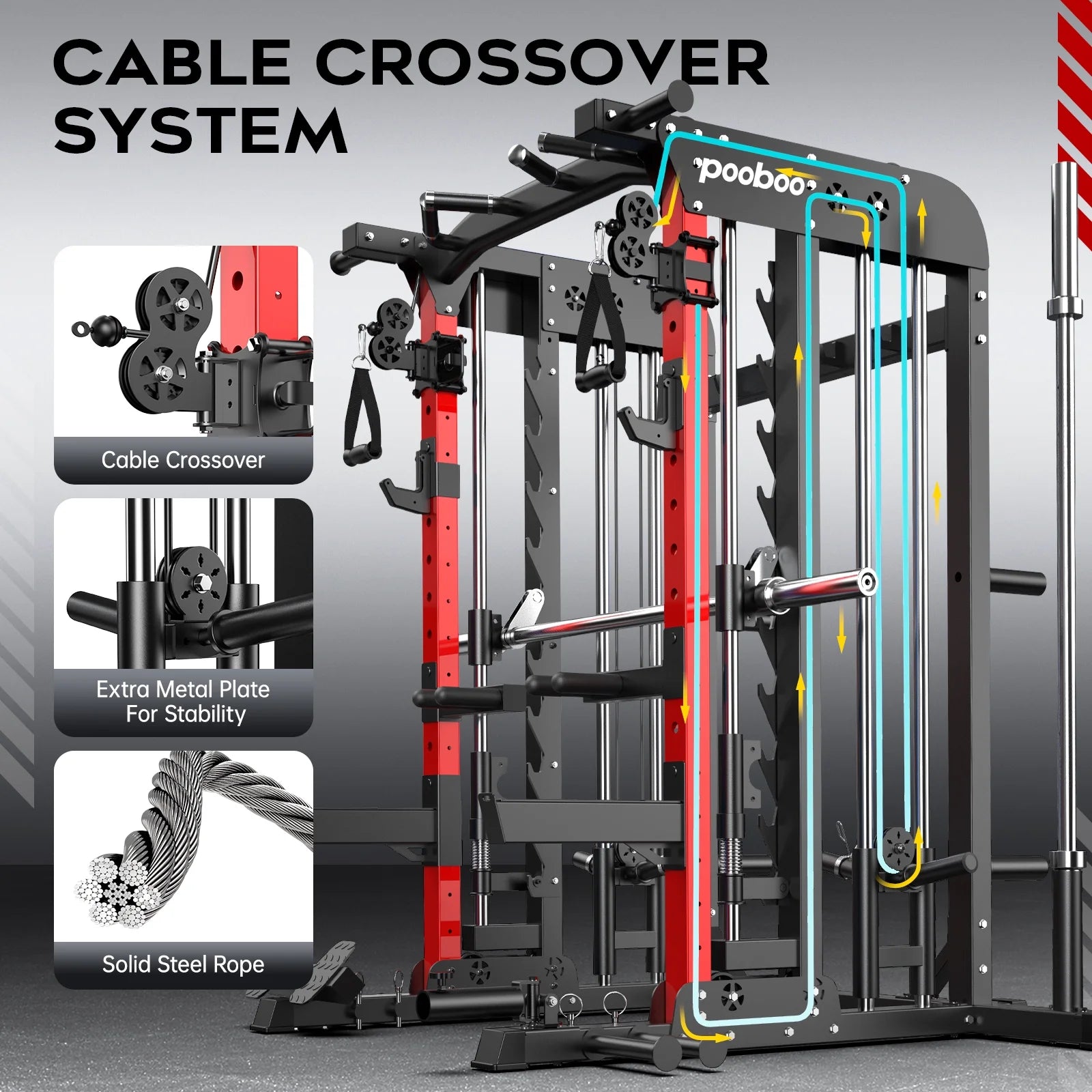2000LB Smith Machine & Dual Pulley Home Gym - Squat Rack, Lat Pulldown, Cable Crossover - Includes Workout Attachments