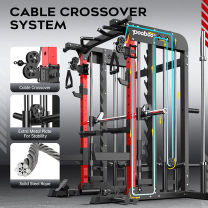 2000LB Smith Machine & Dual Pulley Home Gym - Squat Rack, Lat Pulldown, Cable Crossover - Includes Workout Attachments