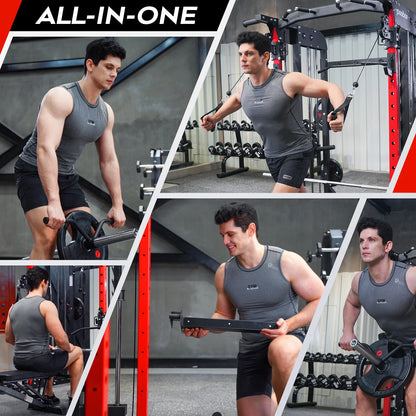 2000LB Smith Machine & Dual Pulley Home Gym - Squat Rack, Lat Pulldown, Cable Crossover - Includes Workout Attachments